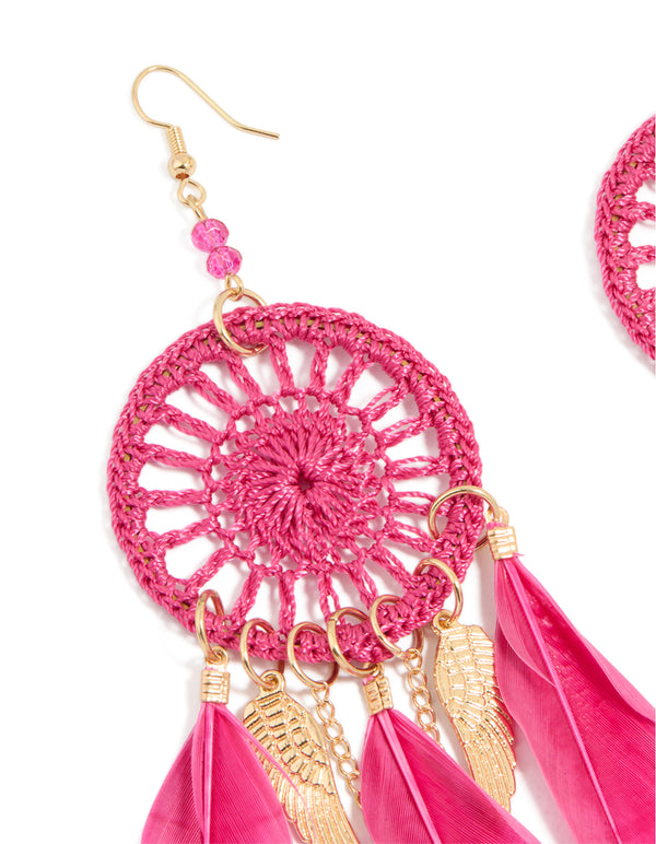 Gold Pink Feather Dreamcatcher Drop Earrings