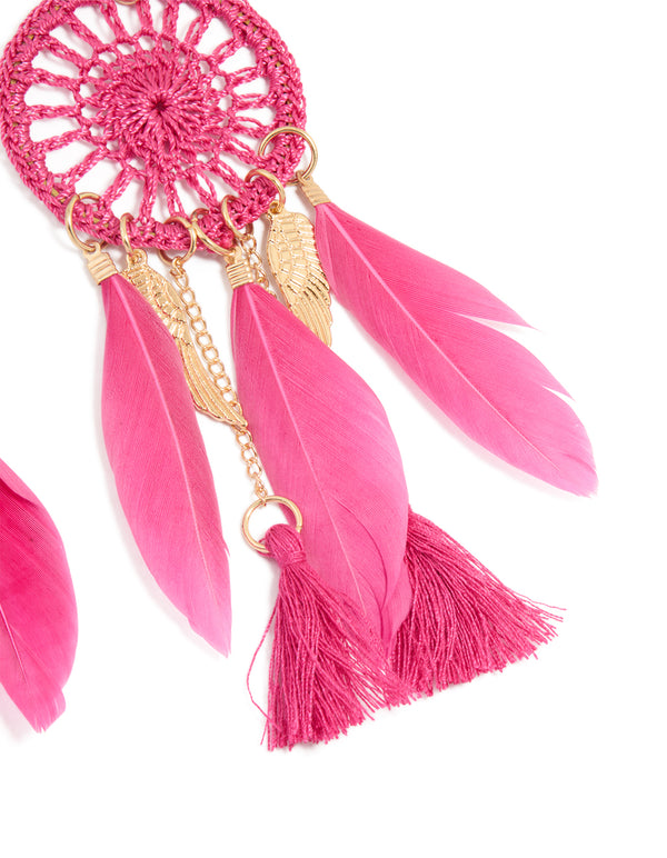 Gold Pink Feather Dreamcatcher Drop Earrings