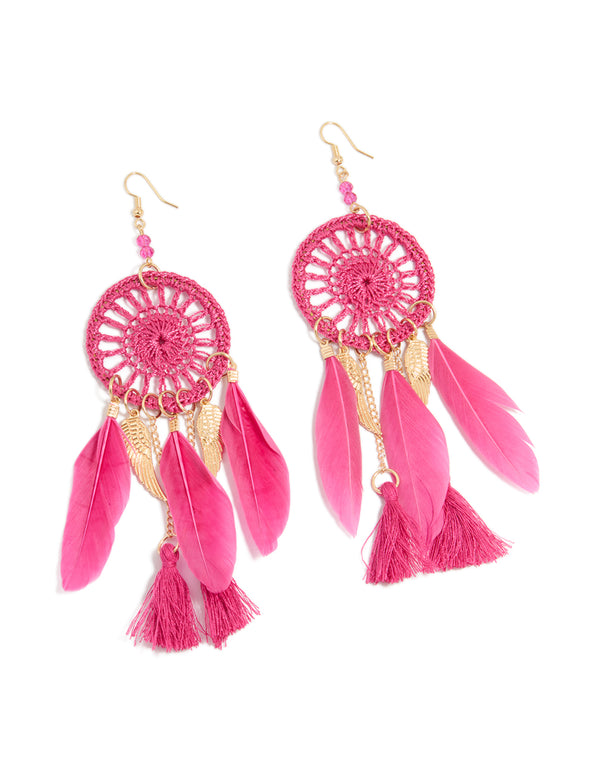 Gold Pink Feather Dreamcatcher Drop Earrings