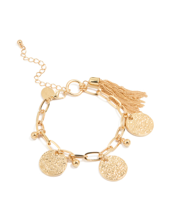 Gold Tassel & Textured Coin Charm Bracelet