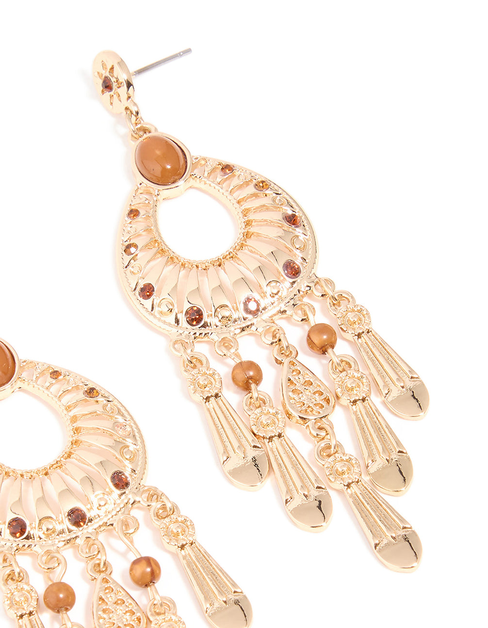 Gold Brown Stone Rustic Chandelier Earrings
