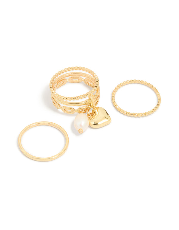 Gold Plated Pearl Heart Charm & Textured Rings 3-Pack