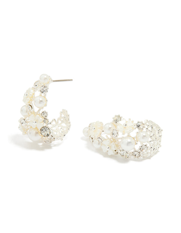 Silver Plated Diamante & Pearl Flower Hoop Earrings