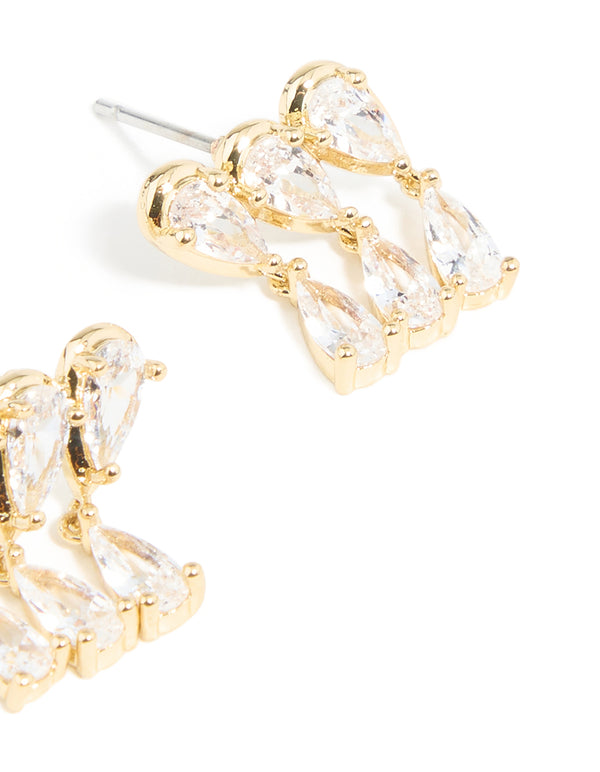 Gold Plated Cubic Zirconia Pear Trio Drop Earrings