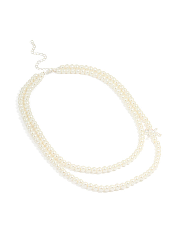 Silver Plated Pearl Strand Bow Layered Necklace
