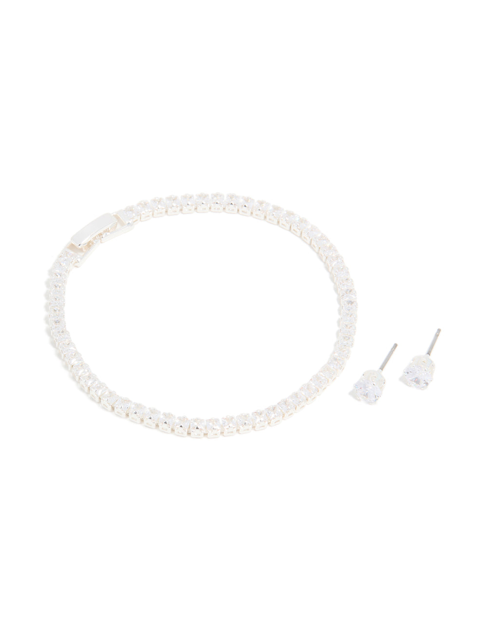 Silver Plated Cubic Zirconia Baguette Tennis Bracelet & Earrings Set