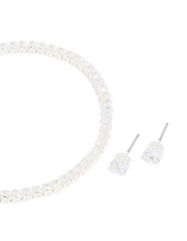 Silver Plated Cubic Zirconia Baguette Tennis Bracelet & Earrings Set