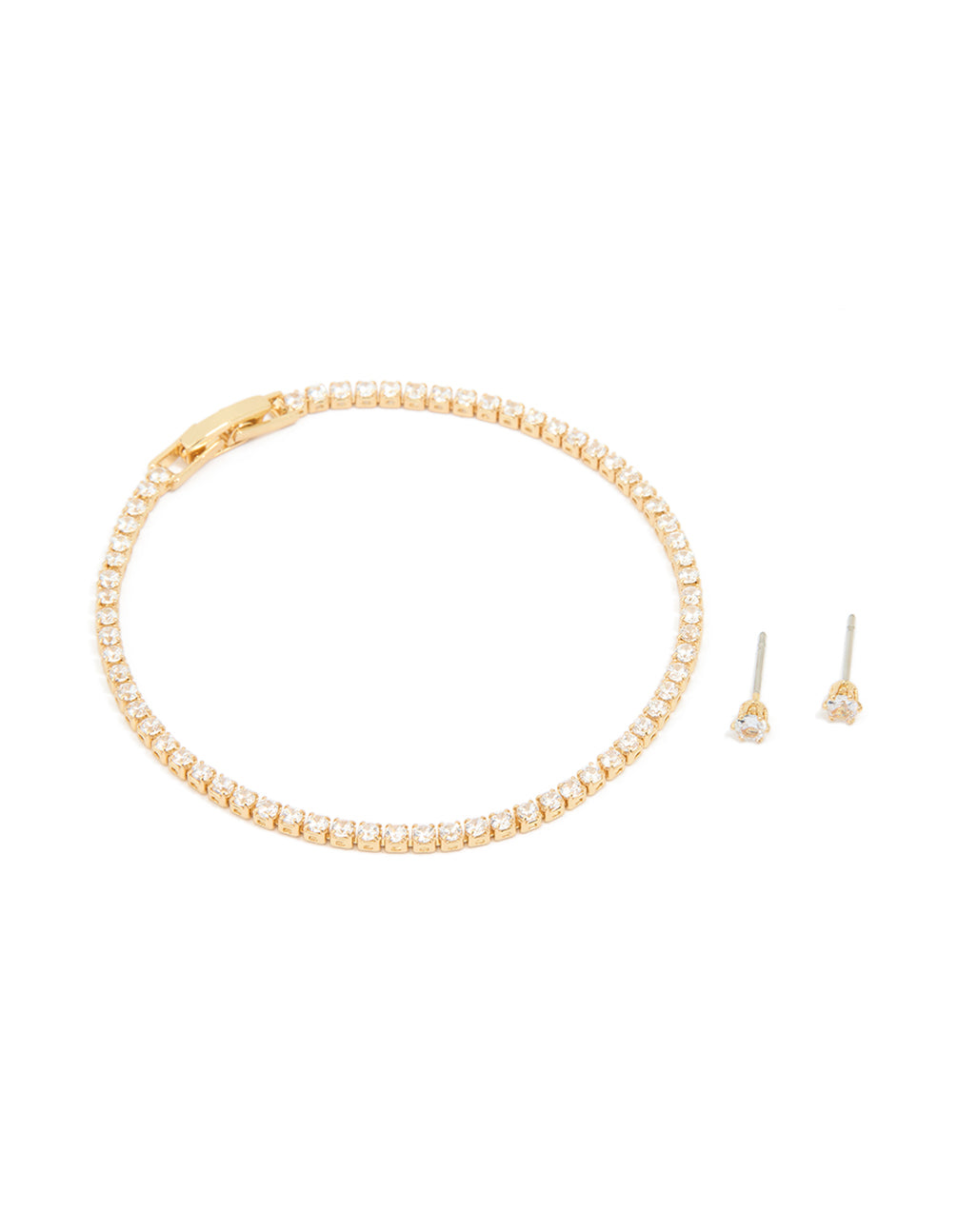 Gold Plated Small Cubic Zirconia Baguette Tennis Bracelet & Earrings Set