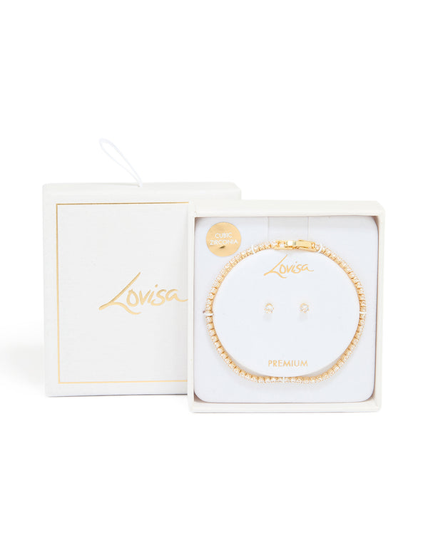 Gold Plated Small Cubic Zirconia Baguette Tennis Bracelet & Earrings Set