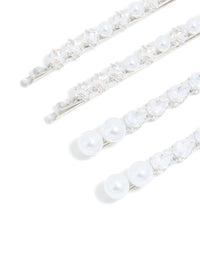 Silver Plated Cubic Zirconia & Pearl Hair Clips 4-Pack - link has visual effect only
