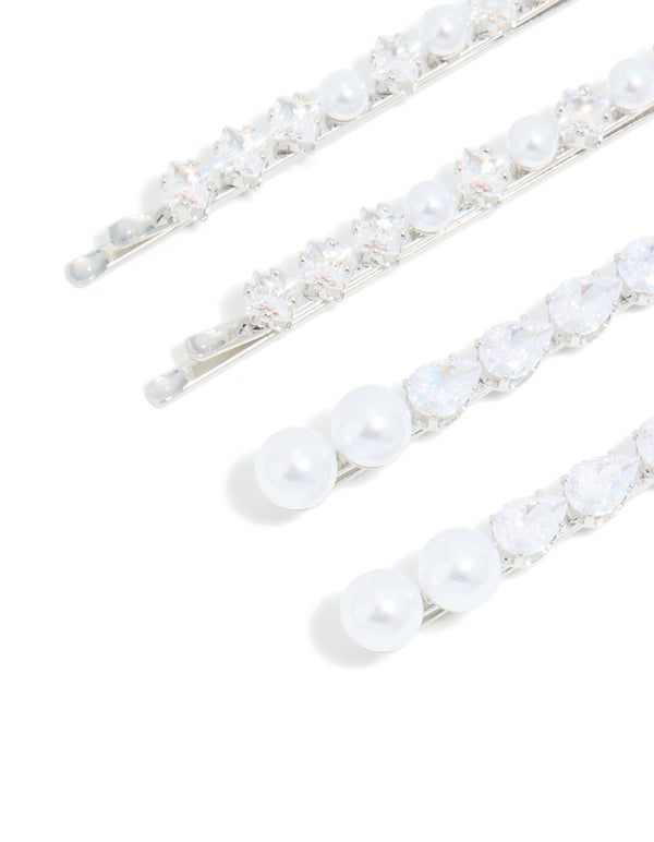 Silver Plated Cubic Zirconia & Pearl Hair Clips 4-Pack