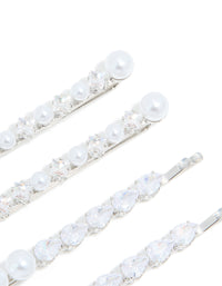 Silver Plated Cubic Zirconia & Pearl Hair Clips 4-Pack - link has visual effect only