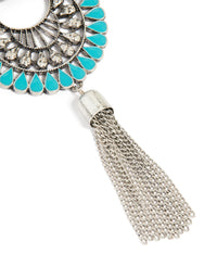 Antique Silver Blue Round Western Tassel Drop Earrings - link has visual effect only