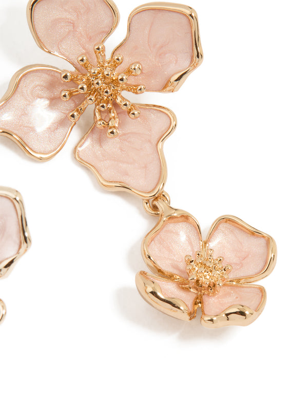 Gold Enamel Double Flower Drop Earrings