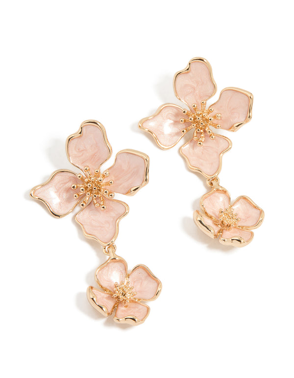 Gold Enamel Double Flower Drop Earrings