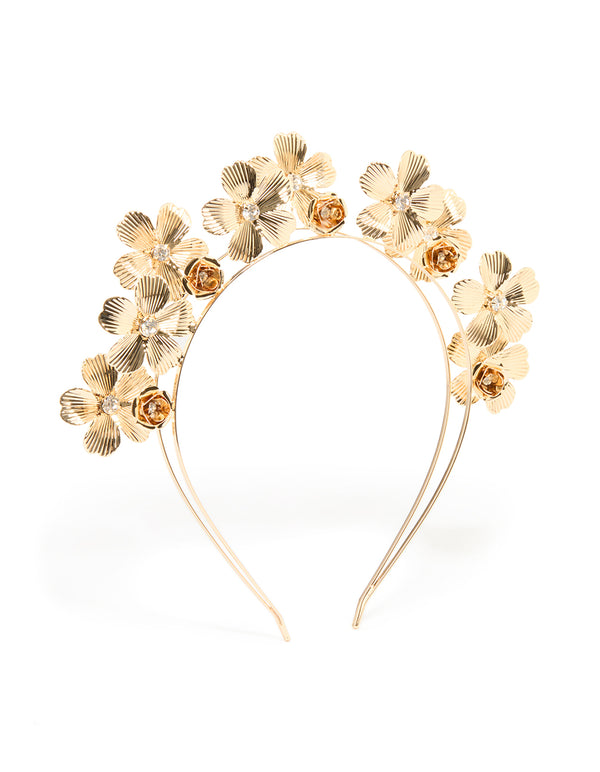 Gold Diamante Flower Layered Headband