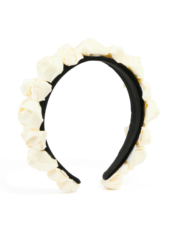 Black Fabric White Rosette Headband