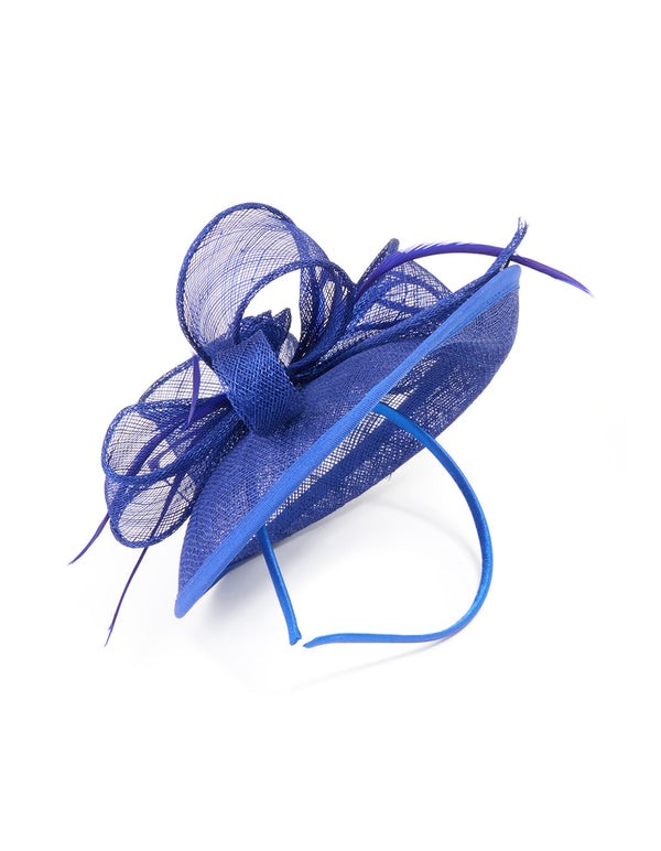 Dark Blue Sinamay Rosette & Feather Fascinator