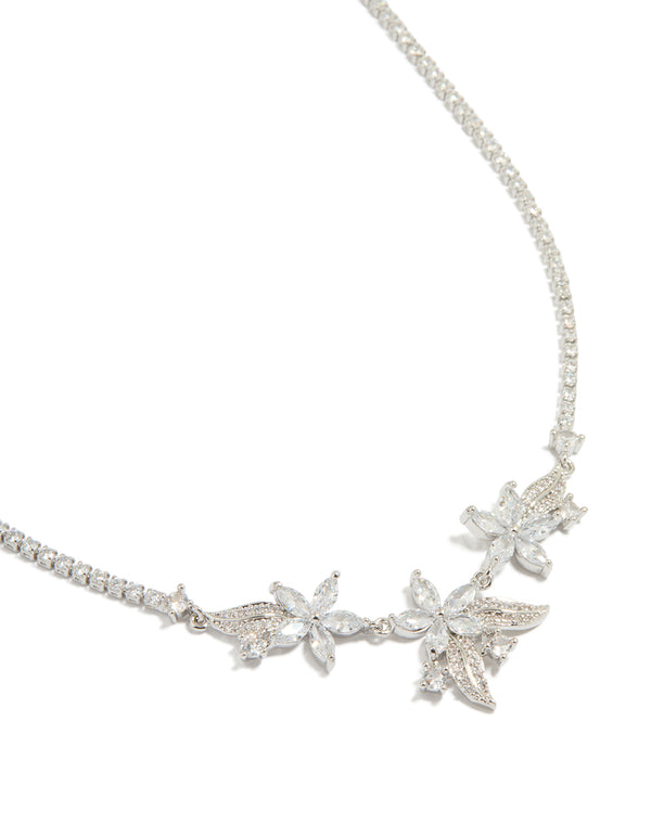 Silver Cubic Zirconia Triple Floral Cluster Necklace