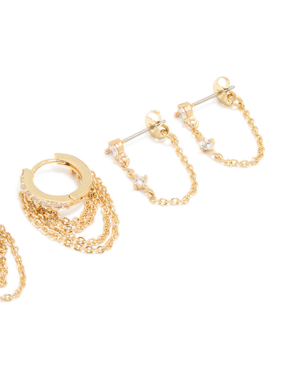 Gold Plated Cubic Zirconia & Huggie Chain Earrings 4-Pack