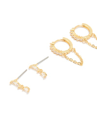 Gold Plated Cubic Zirconia Stud & Chain Huggie Earrings 4-Pack - link has visual effect only