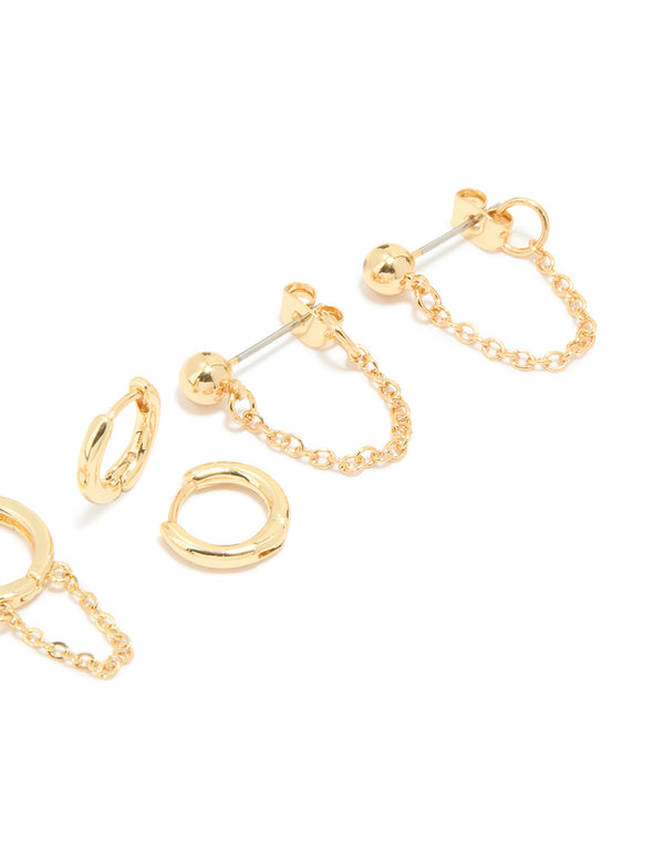 Gold Plated Cubic Zirconia Stud & Chain Huggie Earrings 4-Pack