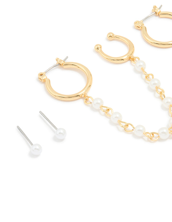 Gold Plated Pearl Chain & Huggie Earrings 3-Pack