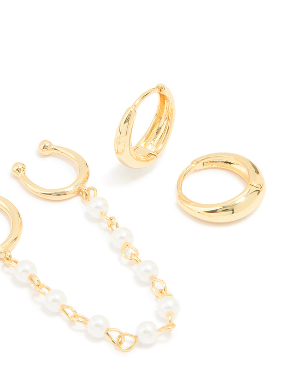 Gold Plated Pearl Chain & Huggie Earrings 3-Pack