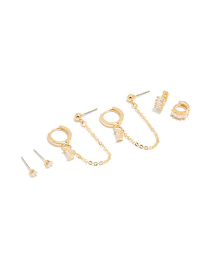 Gold Plated Baguette Huggie & Chain Earrings 4-Pack