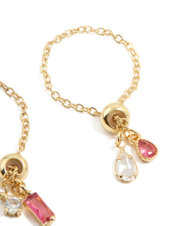 Gold Pink & Clear Cubic Zirconia Adjustable Chain Rings 2-Pack