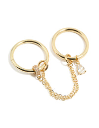Gold Plated Cubic Zirconia Pear Drop Chain Ring - link has visual effect only