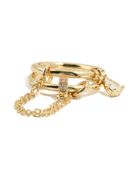 Gold Plated Cubic Zirconia Pear Drop Chain Ring - link has visual effect only