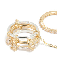 Mixed Metal Cubic Zirconia Star Charm Chain Interconnected Ring - link has visual effect only