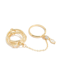 Gold Plated Cubic Zirconia Chain Connected Ring - link has visual effect only