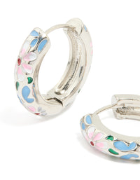 Silver Blue & Pink Enamel Flower Design Hoop Earrings - link has visual effect only