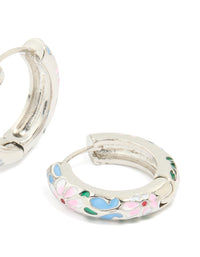Silver Blue & Pink Enamel Flower Design Hoop Earrings - link has visual effect only
