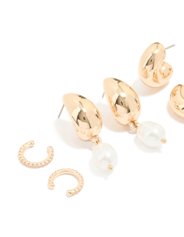 Gold Chunky Hoops & Ear Cuffs 4-Pack