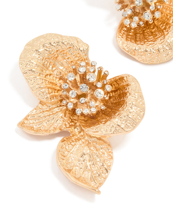 Gold Diamante Flower & Leaf Earrings