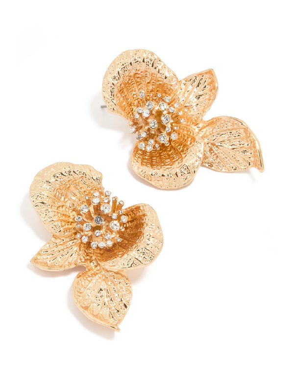 Gold Diamante Flower & Leaf Earrings