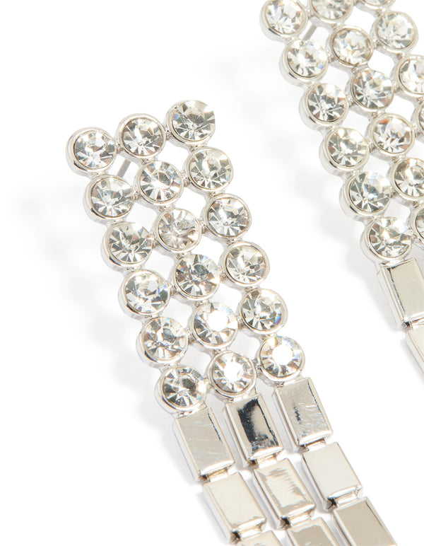 Silver Round Diamante & Chain Drop Earrings