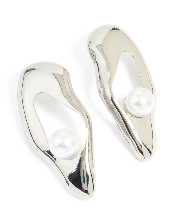 Silver Pearl Abstract Stud Earrings