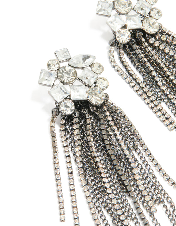 Gunmetal Diamante Organic Cut Fringe Earrings