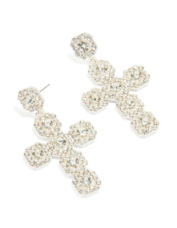 Silver Diamante Cross Drop Stud Earrings