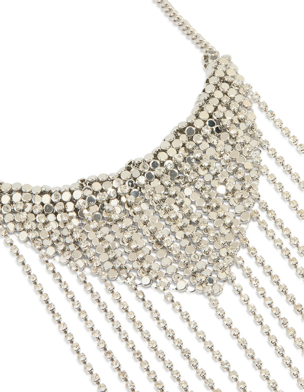 Silver Diamante Fringe Long Necklace