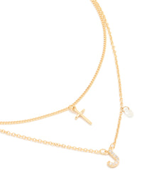 Gold Plated Cubic Zirconia Cross Letter J Layered Necklace - link has visual effect only