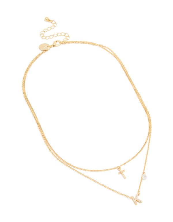 Gold Plated Cubic Zirconia Cross Letter K Layered Necklace