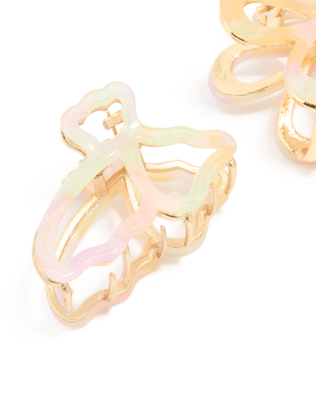 Featuring floral and butterfly claw clips with acrylic edges in a 2-pack, highlighted by gold, pink, pale green, and ivory hues side view