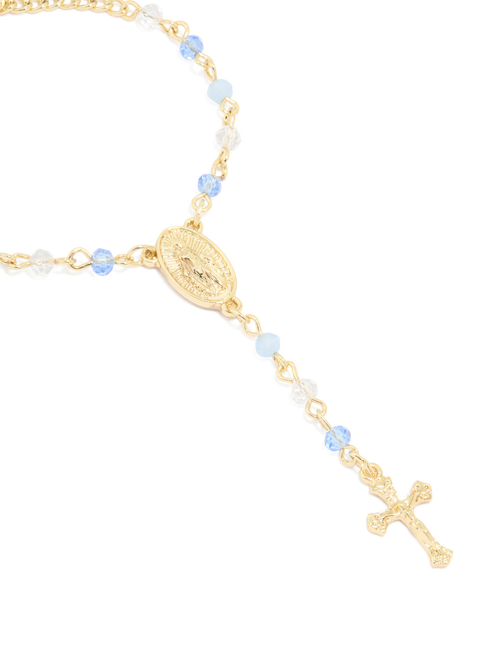Showcasing a gold plated bracelet with blue beads featuring cross elements close up view