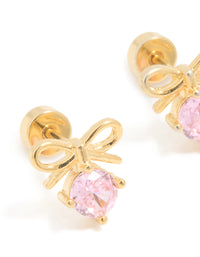 Kids Gold Plated Surgical Steel Pink Cubic Zirconia Bow Flat Back Earrings - link has visual effect only