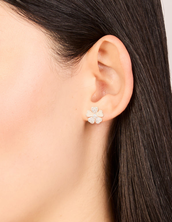 Rose Gold Plated Cubic Zirconia Inlay Flower Stud Earrings